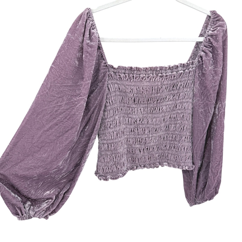 Anthropologie Purple Crushed Velvet Smocked Puff‎ Sleeve Top Square Neck Large